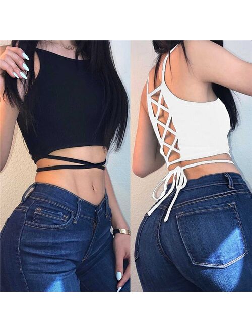 GAOKE Summer 2021 Sexy party tops Backless Hollow Out Fitness Sleeveless Short Crop Tops Camisoles streetwear black lace up Crop Tops