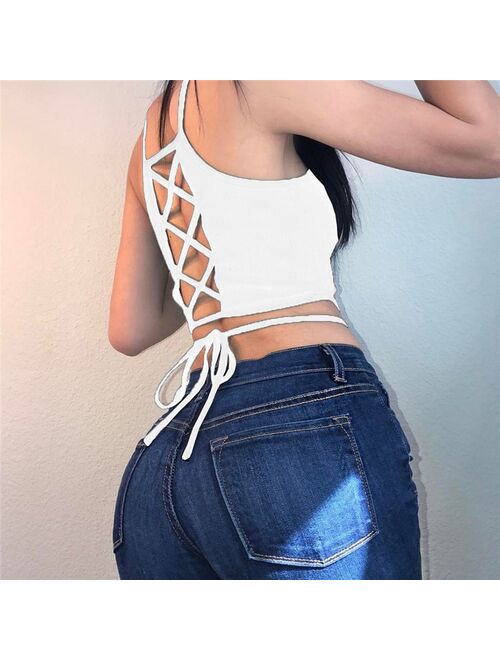 GAOKE Summer 2021 Sexy party tops Backless Hollow Out Fitness Sleeveless Short Crop Tops Camisoles streetwear black lace up Crop Tops