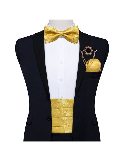 Gold Paisley Men's Tuxedo Cummerbund And Bow Tie  Wedding Formal Prom Cummerbunds Elastic Waistband Wide Belt Brooch Set DiBanGu