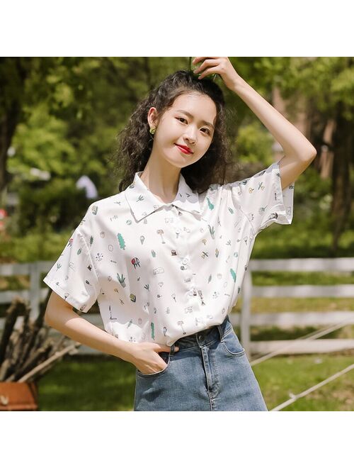 Chic Khaki 2020 Summer Little Fresh Top Loose Cartoon Printed Shirt Female Super Popular Student Short Sleeve Printed Shirt