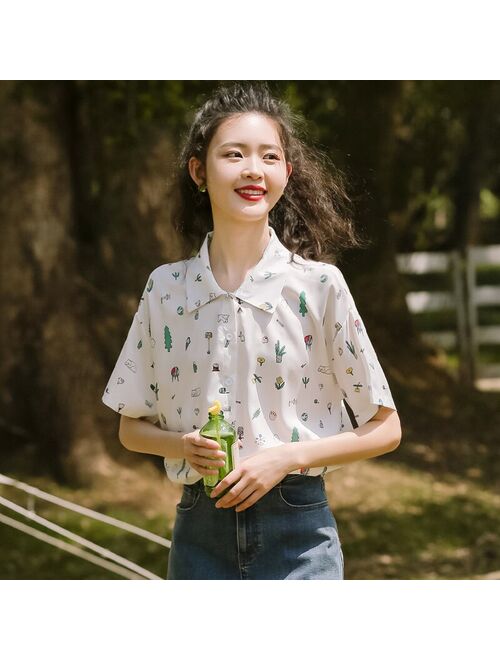 Chic Khaki 2020 Summer Little Fresh Top Loose Cartoon Printed Shirt Female Super Popular Student Short Sleeve Printed Shirt