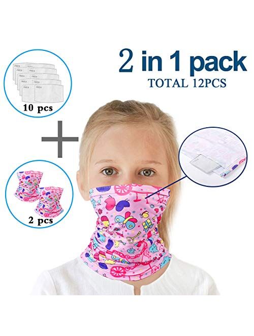 Kids Summer Protection Face Cover with Filter - Cute Neck Gaiter Bandanas for Outerdoor Travel