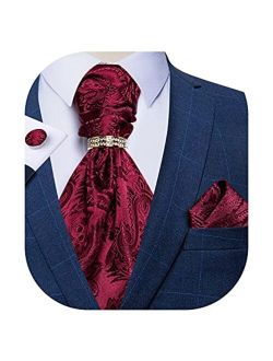 DiBanGu Paisley Cravat for Men, 4 PCS Woven Ascot Tie Pocket Square Cufflinks with Tie Ring Set