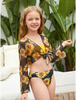 3pack Girls Random Sunflower Print Bikini Swimsuit With Cover Up