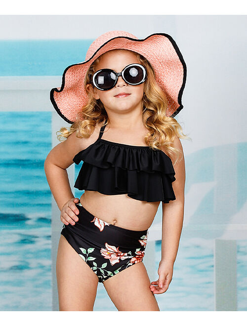Mia Belle Girls Black Floral Ruffle-Accent Halter Bikini - Toddler & Girls