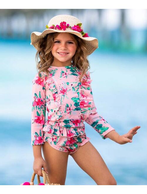 Mia Belle Girls Pink & Green Floral Skirted Rashguard Set - Toddler & Girls