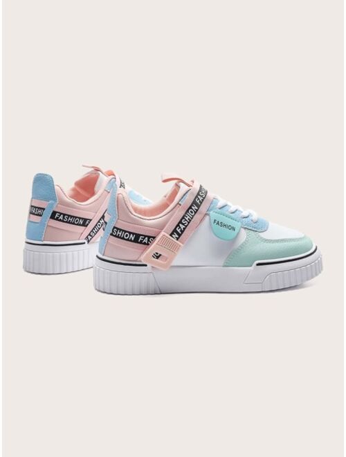 Shein Women's PU Leather Round Toe Color Block Skate Shoes
