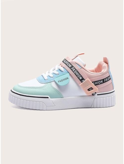Shein Women's PU Leather Round Toe Color Block Skate Shoes