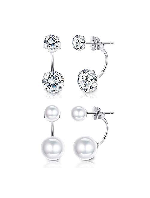 Sllaiss 2 Pairs Sterling Silver Double Ball Ear Jacket Earrings Set Cubic Zirconia Round Pearl Jewelry for Women Girls