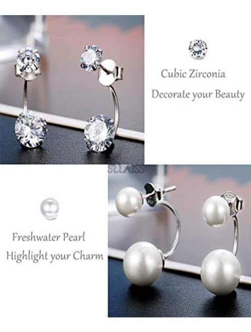 Sllaiss 2 Pairs Sterling Silver Double Ball Ear Jacket Earrings Set Cubic Zirconia Round Pearl Jewelry for Women Girls