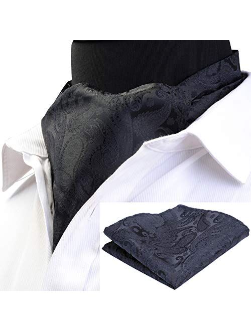 GUSLESON Men's Ascot Paisley Floral Jacquard Woven Gift Cravat Tie and Pocket Square Set