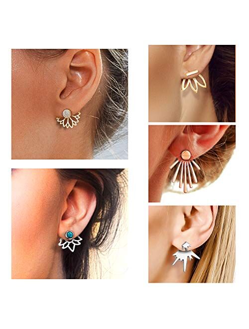 TAMHOO 18/21 Pairs Multiple Lotus Flower Ear Jacket Earrings for Women and Girls-Minimalism CZ BarTurquoise Studs-Chic Fashion Front Back Stud Earring Set