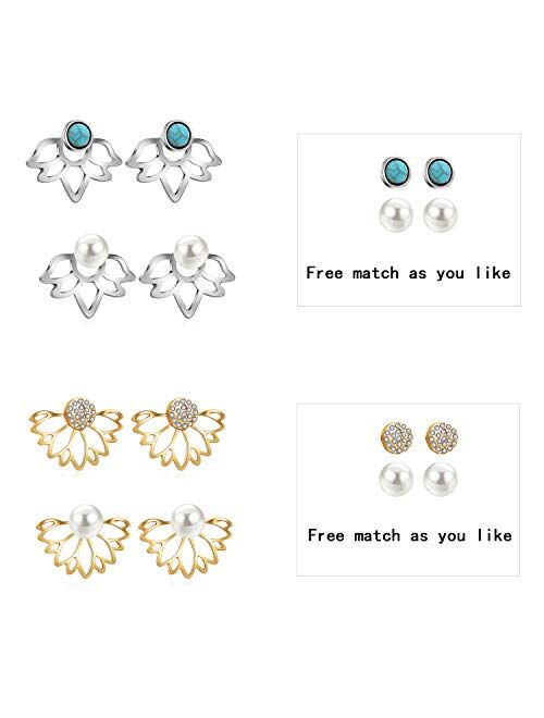 TAMHOO 18/21 Pairs Multiple Lotus Flower Ear Jacket Earrings for Women and Girls-Minimalism CZ BarTurquoise Studs-Chic Fashion Front Back Stud Earring Set