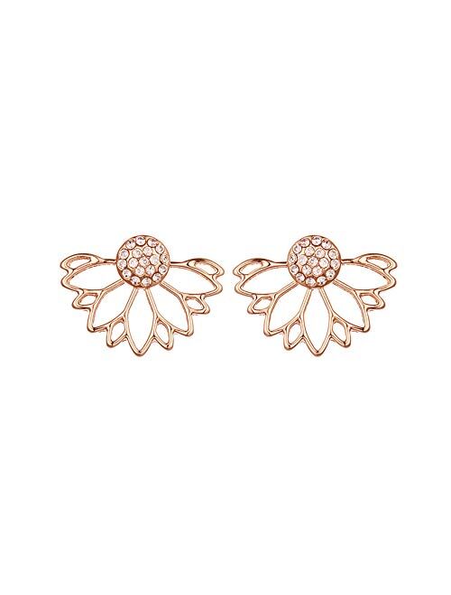 Juland 4 Pairs Hollow Lotus Flower Earrings Back Cuffs Jacket Earrings Crystal Simple Chic Stud Earrings Set for Women Girls - Rose Gold