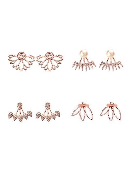 Juland 4 Pairs Hollow Lotus Flower Earrings Back Cuffs Jacket Earrings Crystal Simple Chic Stud Earrings Set for Women Girls - Rose Gold