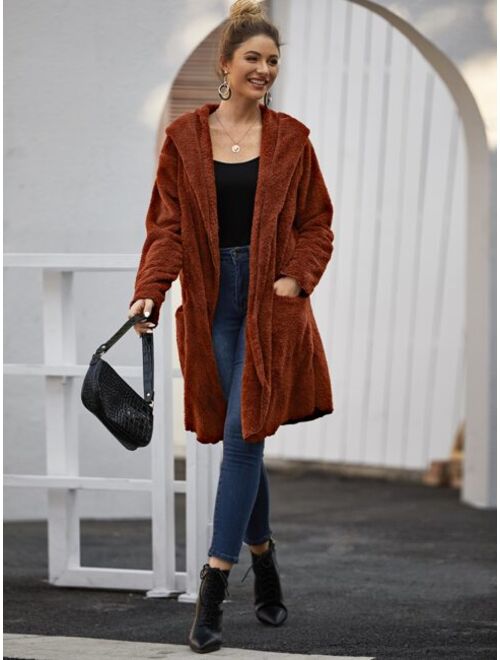 Shein Dual Pockets Open Front Hooded Teddy Coat