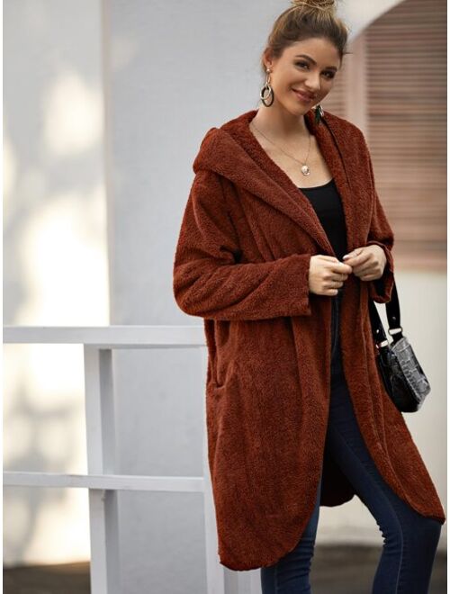 Shein Dual Pockets Open Front Hooded Teddy Coat