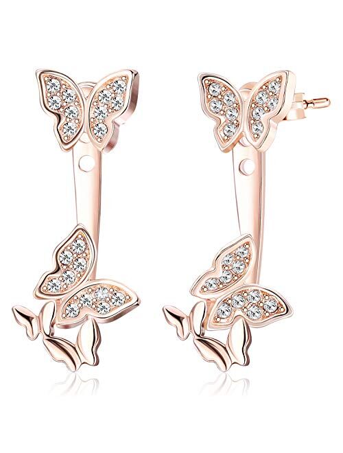 18K Rose Gold Plated Ear Jackets Set 2 in 1 Stud and Drop Earrings AAAAA Cubic Zirconia Star Heart Butterfly Jacket Stud Earrings for Women