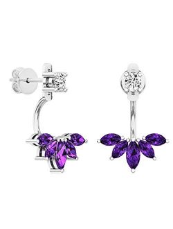 Collection Marquise Amethyst & Round White Diamond Ladies Stud Earrings Jackets Set, Sterling Silver