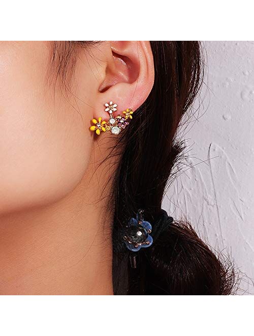 Flower Ear Jacket Earrings for Women Girl Austrian Crystal Simple Chic Front Back Ear Cuffs Stud Earrings