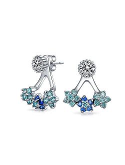 Aqua Blue Cubic Zirconia Flower Fan CZ Ear Back Front Stud Jacket Earrings For Women For Teen 925 Sterling Silver
