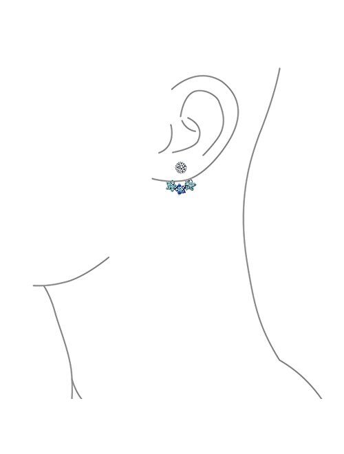 Aqua Blue Cubic Zirconia Flower Fan CZ Ear Back Front Stud Jacket Earrings For Women For Teen 925 Sterling Silver