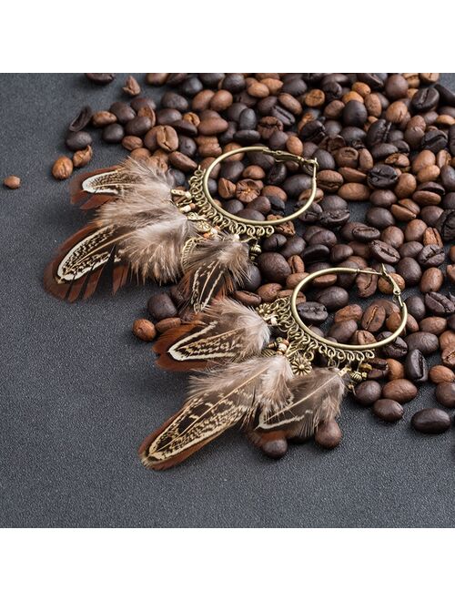 EXYNLON Boho Exaggerate Brown Feather Tassel Pendant Earrings For Women Bohemian  Metal Round Circle Wood Metal Chain Earring Jewelry