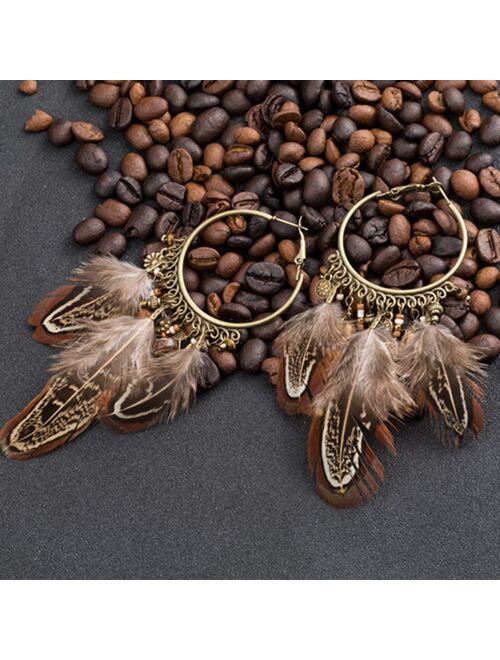 EXYNLON Boho Exaggerate Brown Feather Tassel Pendant Earrings For Women Bohemian  Metal Round Circle Wood Metal Chain Earring Jewelry
