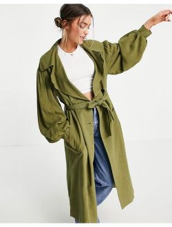oversized linen trench coat with sleeve detail in khaki
