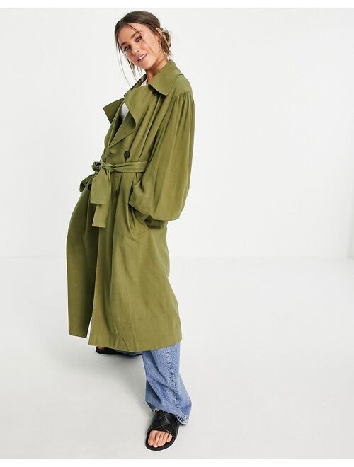 ASOS DESIGN oversized linen trench coat with sleeve detail in khaki