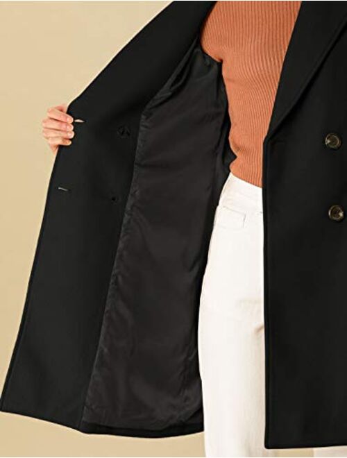 Allegra K Women's Notch Lapel Double Breasted Belted Mid Long Outwear Winter Coat