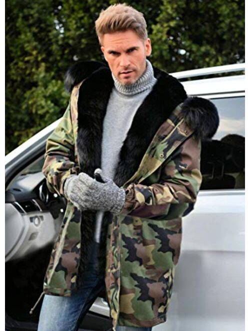 Aofur Mens Winter Warm Thick Faux Fur Slim Trench Coat Long Jacket Parka Hooded Pea Coat Winter Coat S-XXXL