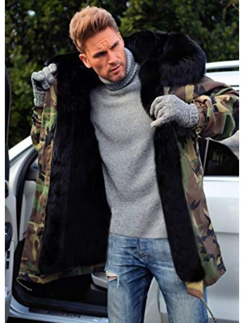 Aofur Mens Winter Warm Thick Faux Fur Slim Trench Coat Long Jacket Parka Hooded Pea Coat Winter Coat S-XXXL
