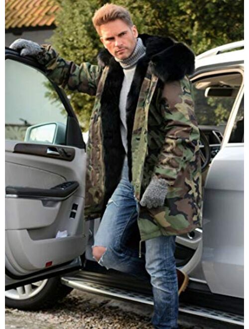 Aofur Mens Winter Warm Thick Faux Fur Slim Trench Coat Long Jacket Parka Hooded Pea Coat Winter Coat S-XXXL