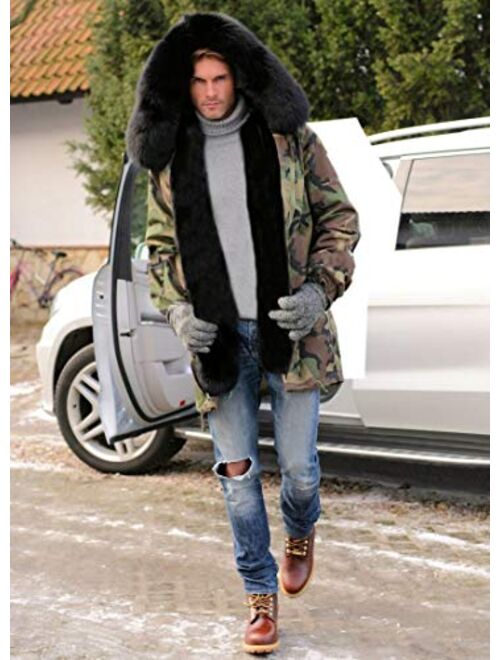 Aofur Mens Winter Warm Thick Faux Fur Slim Trench Coat Long Jacket Parka Hooded Pea Coat Winter Coat S-XXXL