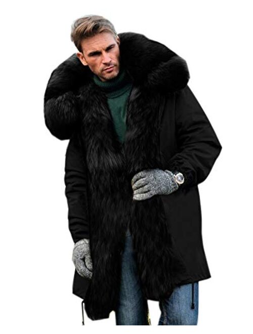 Aofur Mens Winter Warm Thick Faux Fur Slim Trench Coat Long Jacket Parka Hooded Pea Coat Winter Coat S-XXXL 