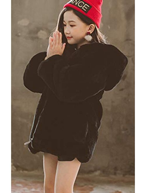 ASHER FASHION Little Big Girls Winter Outfit Hooded Fur Jacket Warm Cotton Fleece Thick Coat Outwear 