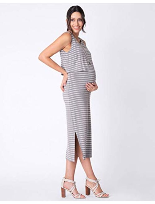 Seraphine Women's Maternity & Nursing Midi Dress Grey Stripe