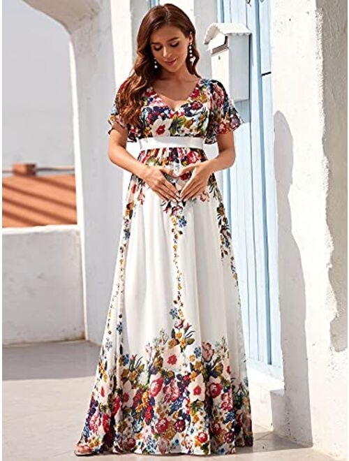 Ever-Pretty Women's Maxi V Neck Short Ruffle Sleeves Floral Printed Maternity Dress for Party 20799