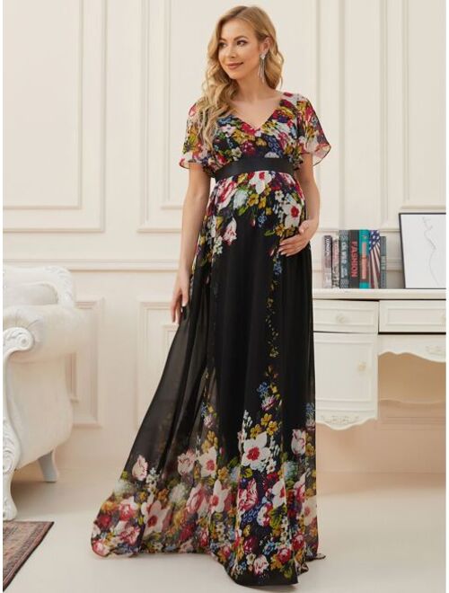 Ever-Pretty Women's Maxi V Neck Short Ruffle Sleeves Floral Printed Maternity Dress for Party 20799