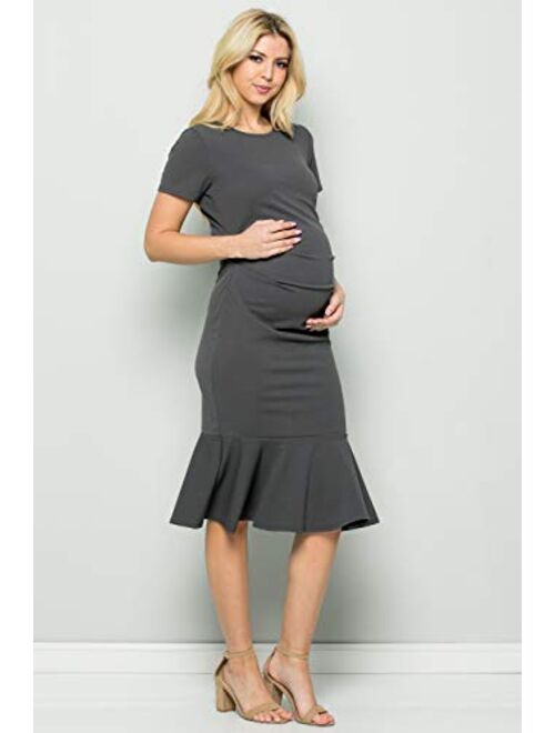 My Bump Maternity Midi Dress - Fitted Stretch Short Sleeves Mermaid Flare Ruffle