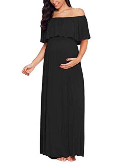 Ecavus Womens Off Shoulder Maternity Dress Ruffle Trim Maxi Photography Dress for Baby Shower