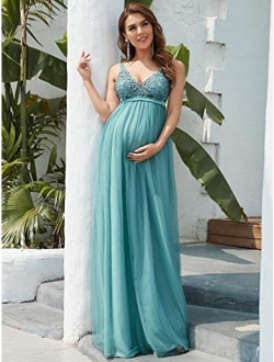 Women Illusion Lace Appliques V-Neck Maternity Dress for Photoshoot 20788