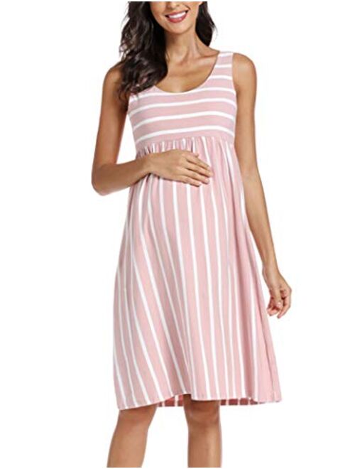 Ecavus Womens Maternity Tank Dress Stripe Color Block Sleeveless Knee Length for Baby Shower