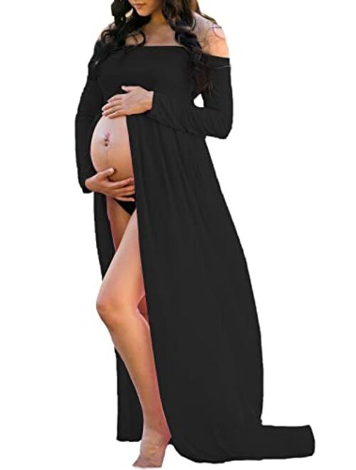 Mommy & Jennie Maternity Dress Off Shoulder Long Sleeve Split Front Chiffon Gown for Photoshoot