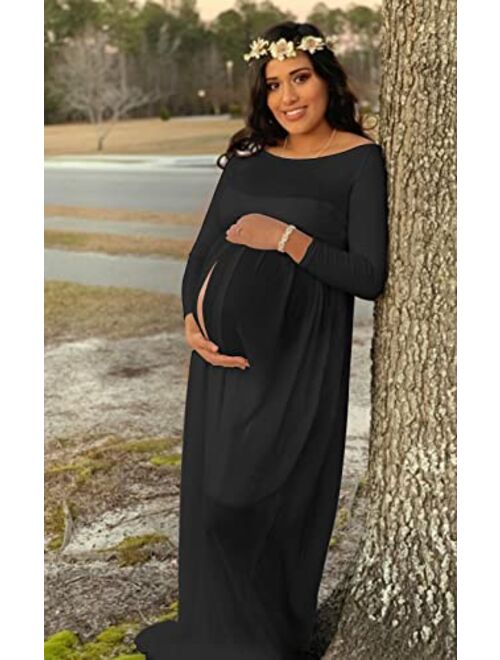 Mommy & Jennie Maternity Dress Off Shoulder Long Sleeve Split Front Chiffon Gown for Photoshoot