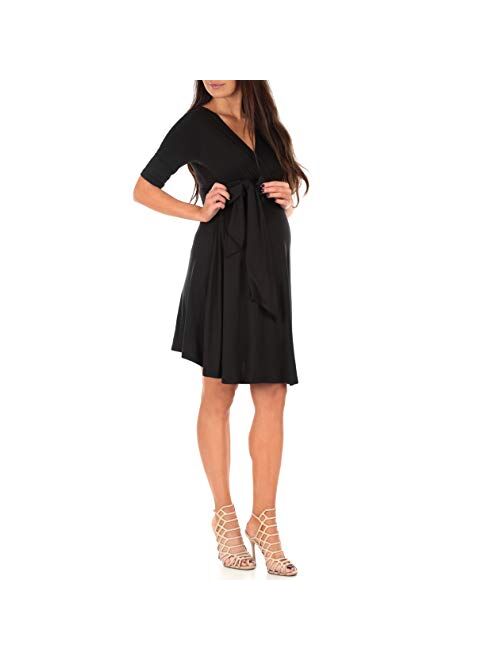 Mother Bee Maternity Women's Knee Length Wrap Dress with Belt for Baby Shower or Casual Wear