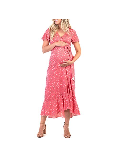 Mother Bee Maternity Maternity Short Sleeve Dress with Belt for Baby Shower or Casual Wear