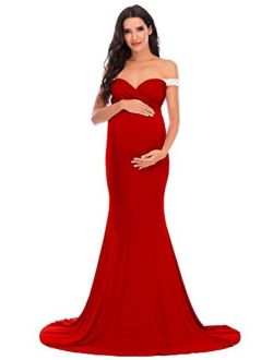 ZIUMUDY Maternity Fitted Off Shoulder Photography Gown Lace Maxi Dress for Photo Shoot Baby Shower