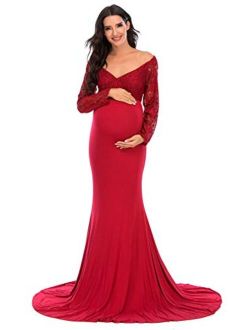 ZIUMUDY Elegant Maternity Lace Fitted Gown Cross-Front Long Sleeve V Neck Photography Dress for Baby Shower